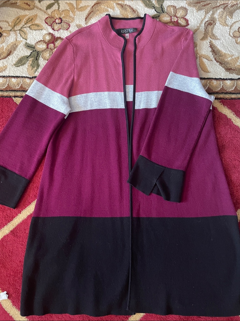 Kasper Pink Magenta Black Long Colorblock Open Cardigan